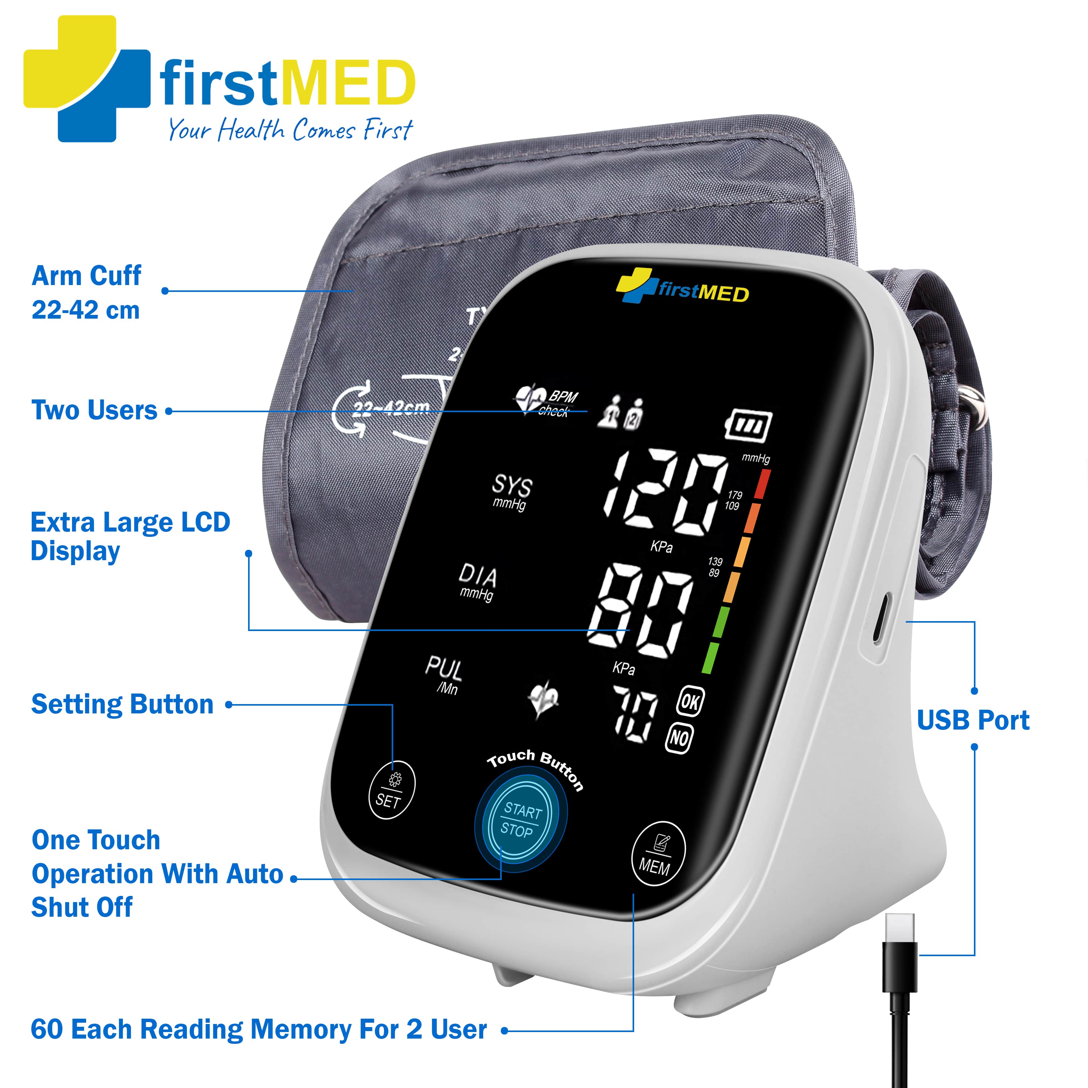 Firstmed Arm' Blood Pressure Monitor Large Display Device Touch Bottan , C Type USB Port FM 03 Bp Monitor