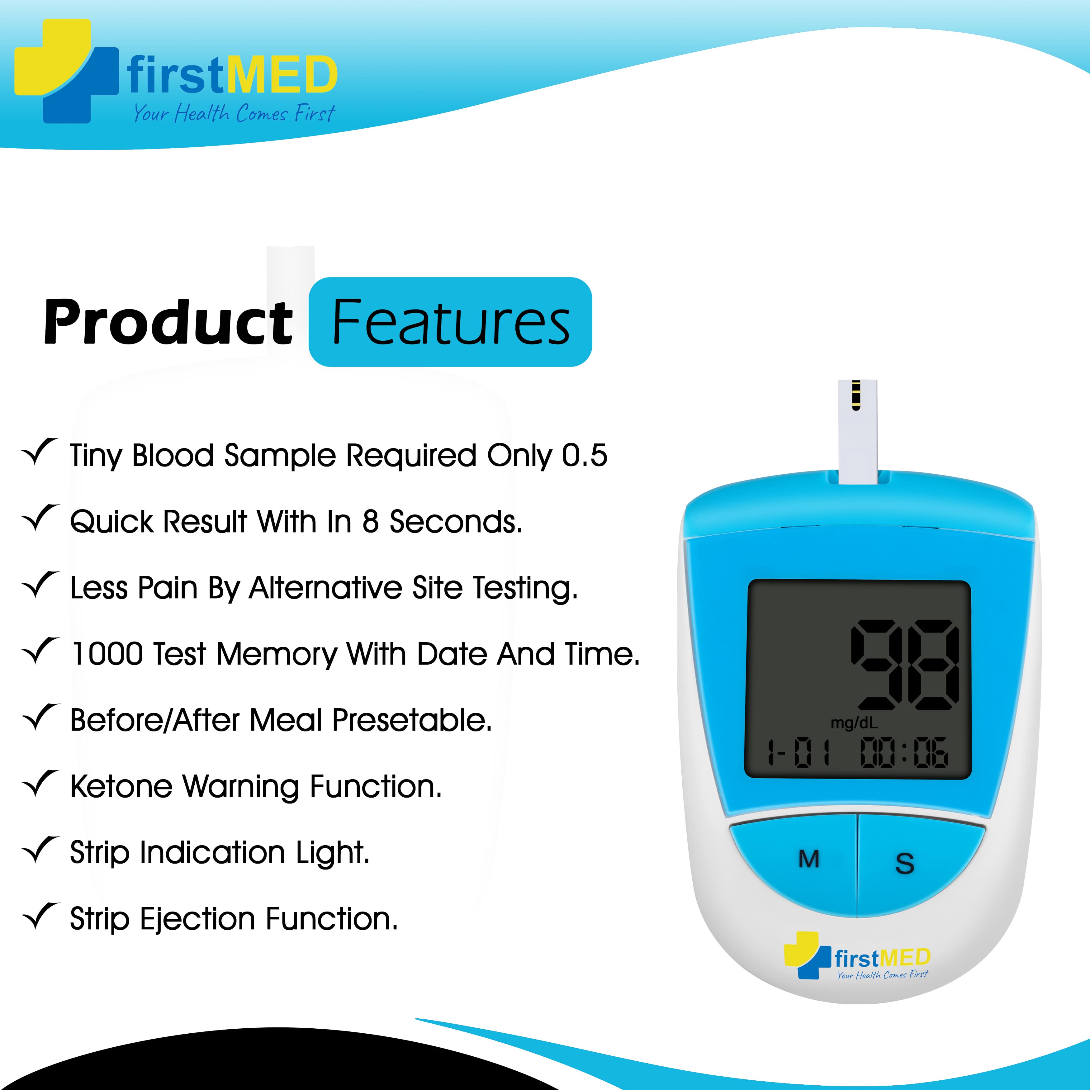 FirstMED Blood Sugar Glucose checking machine With 10 lancets Glucometer BG208