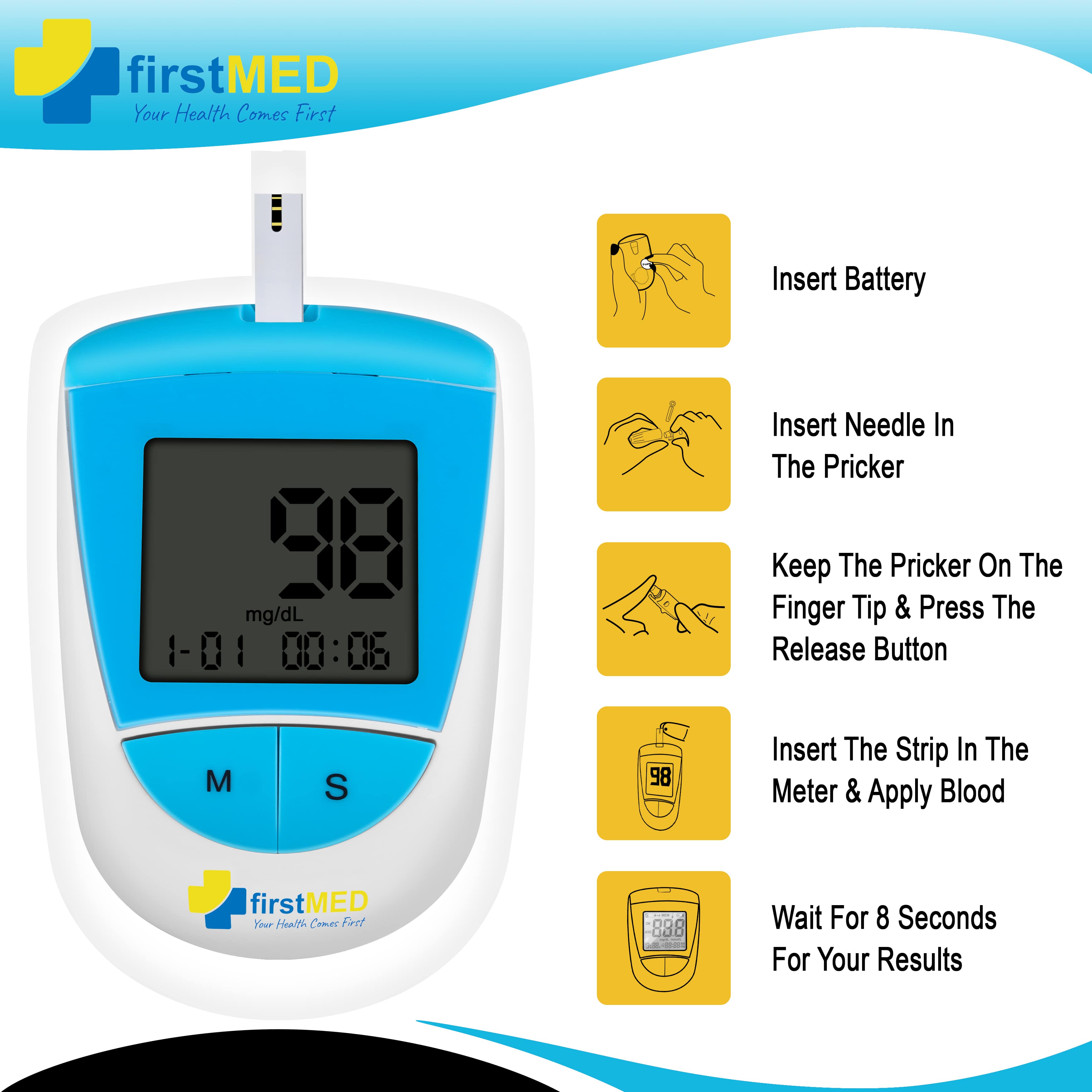 FirstMED Blood Sugar Glucose checking machine With 10 lancets Glucometer BG208