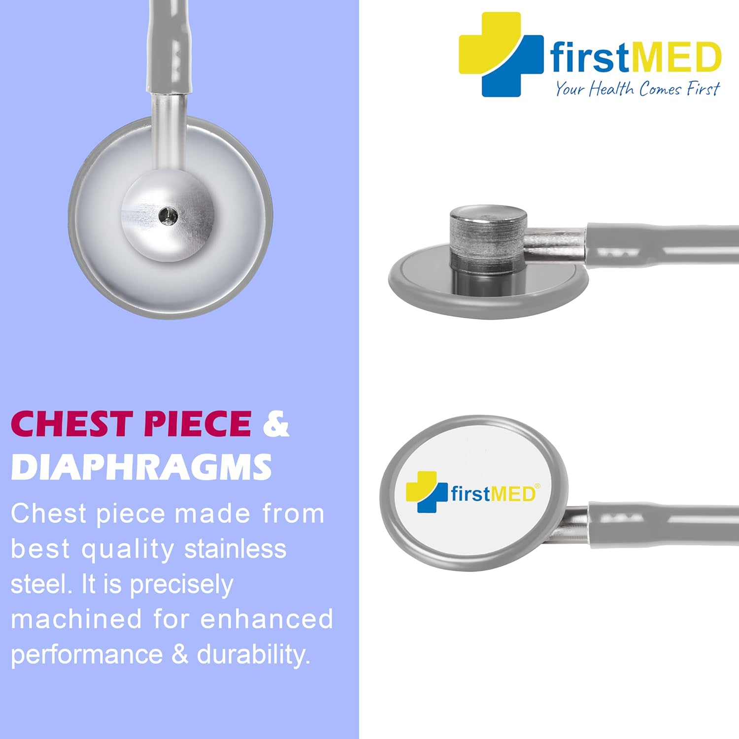 Firstmed Professional Acoustic Stethoscope ST-01 - Lightweight, Durable, Dual-Lumen Design, Comfortable Ear Tips (Grey)