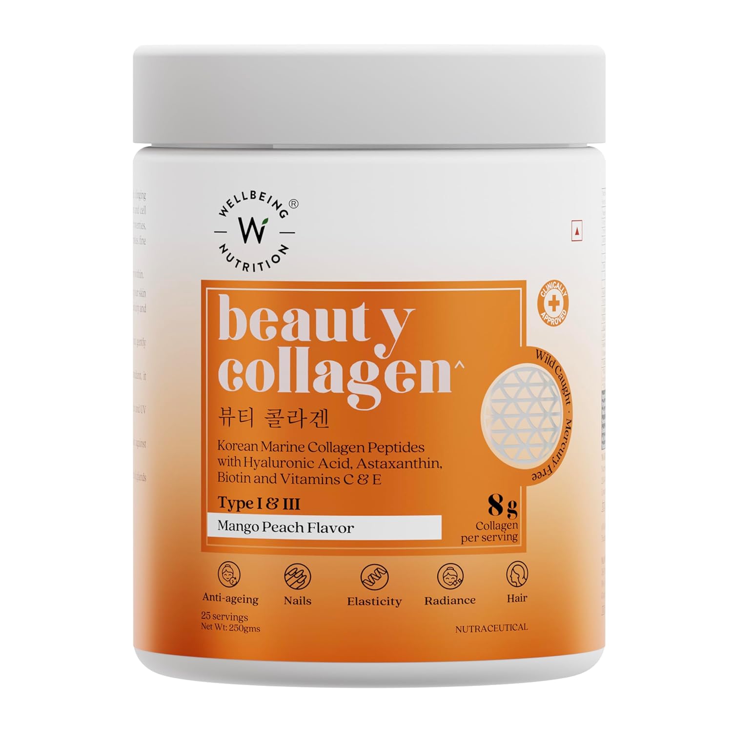 Wellbeing Nutrition Beauty Collagen with Hyaluronic Acid | Collagen Supplements for Women & Men | Collagen Powder with Biotin and Vitamins for Skin Radiance & Anti-Aging | 250g - Mango Peach Flavor