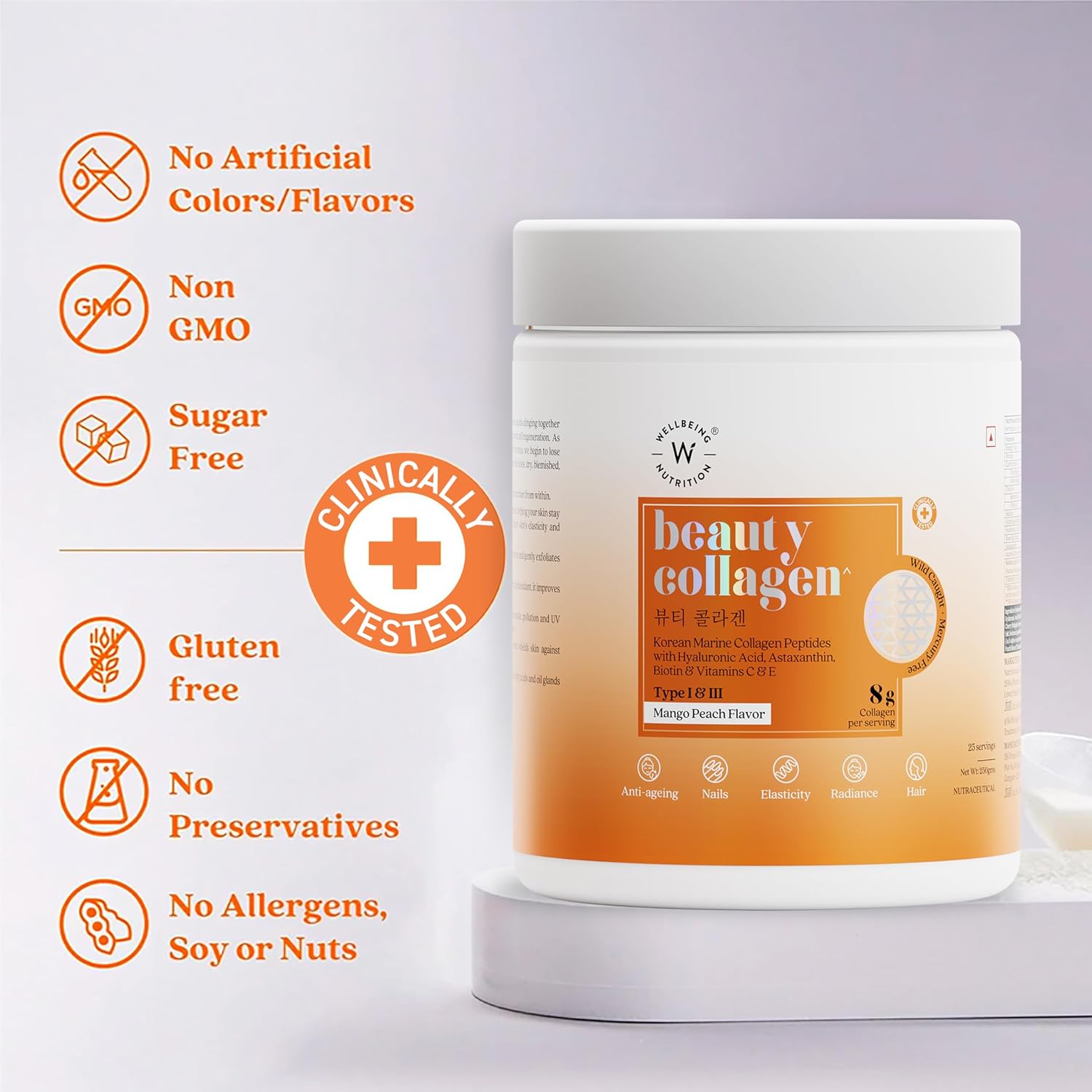 Wellbeing Nutrition Beauty Collagen with Hyaluronic Acid | Collagen Supplements for Women & Men | Collagen Powder with Biotin and Vitamins for Skin Radiance & Anti-Aging | 250g - Mango Peach Flavor