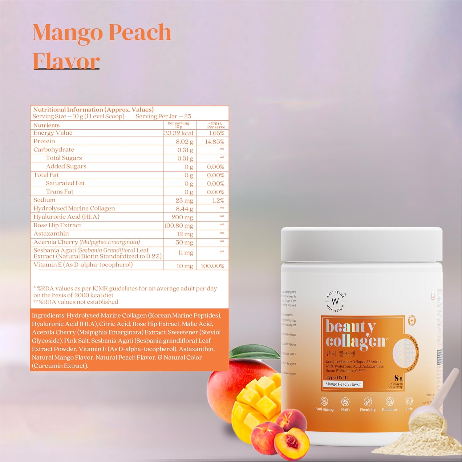 Wellbeing Nutrition Beauty Collagen with Hyaluronic Acid | Collagen Supplements for Women & Men | Collagen Powder with Biotin and Vitamins for Skin Radiance & Anti-Aging | 250g - Mango Peach Flavor