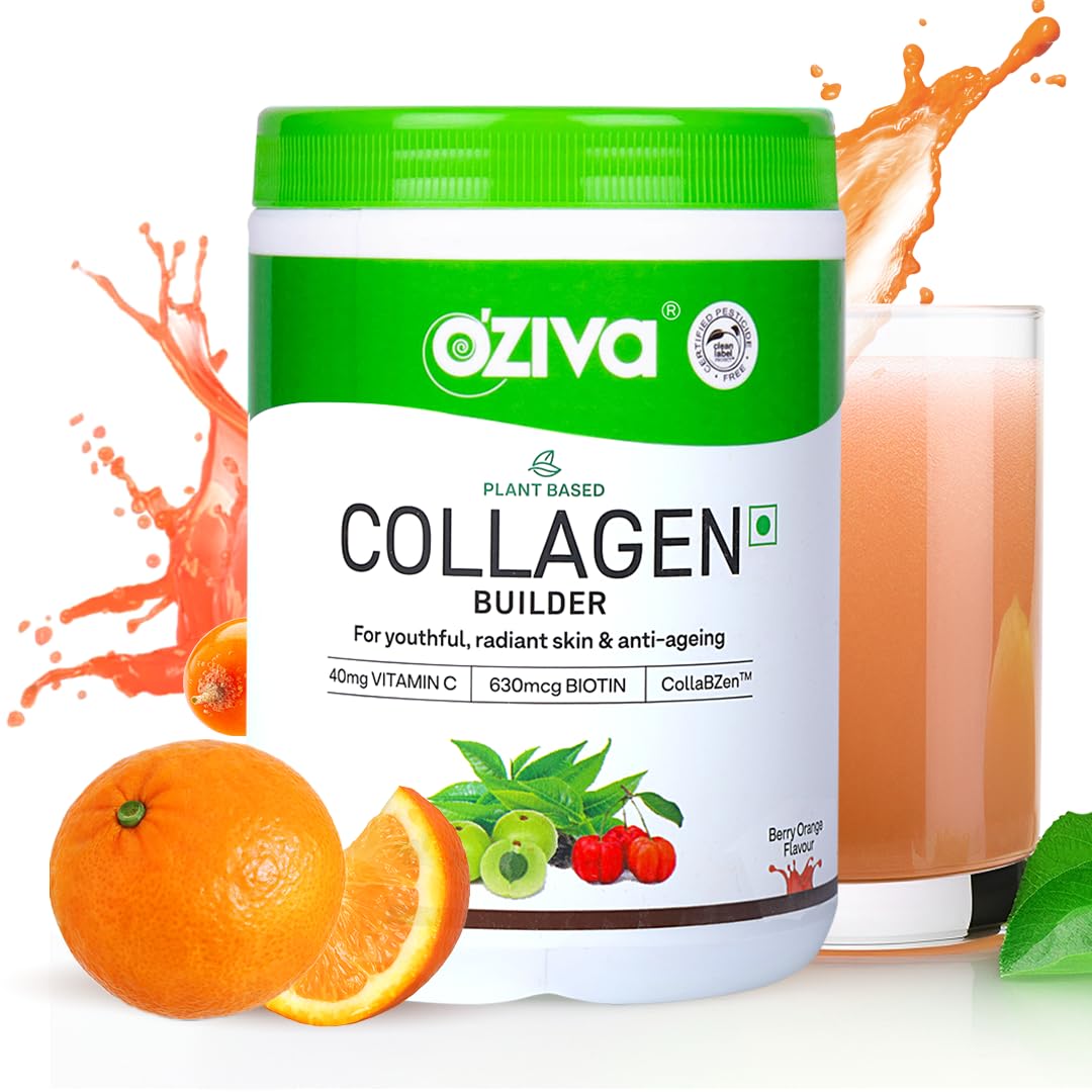 OZiva Vegan Collagen (Berry Orange) with Biotin & Vitamin C For Brighter & Youthful Skin | Collagen Supplement For Women & Men | Plant Based Collagen Powder | Certified Vegan 200g (Pack of 1)