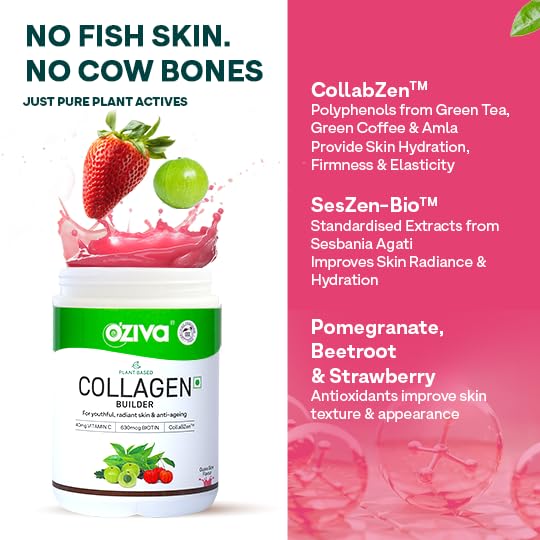 OZiva Vegan Collagen (Berry Orange) with Biotin & Vitamin C For Brighter & Youthful Skin | Collagen Supplement For Women & Men | Plant Based Collagen Powder | Certified Vegan 200g (Pack of 1)