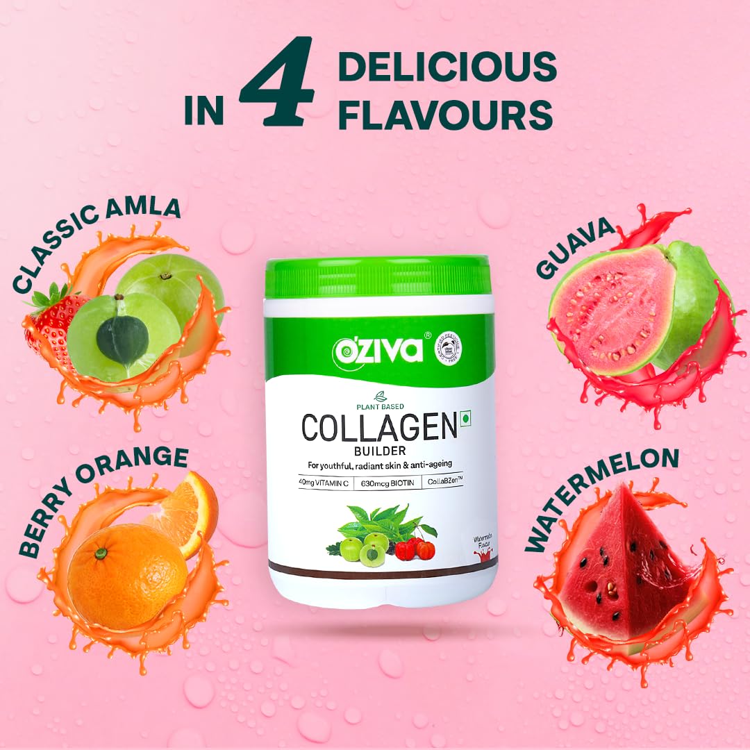 OZiva Vegan Collagen (Berry Orange) with Biotin & Vitamin C For Brighter & Youthful Skin | Collagen Supplement For Women & Men | Plant Based Collagen Powder | Certified Vegan 200g (Pack of 1)