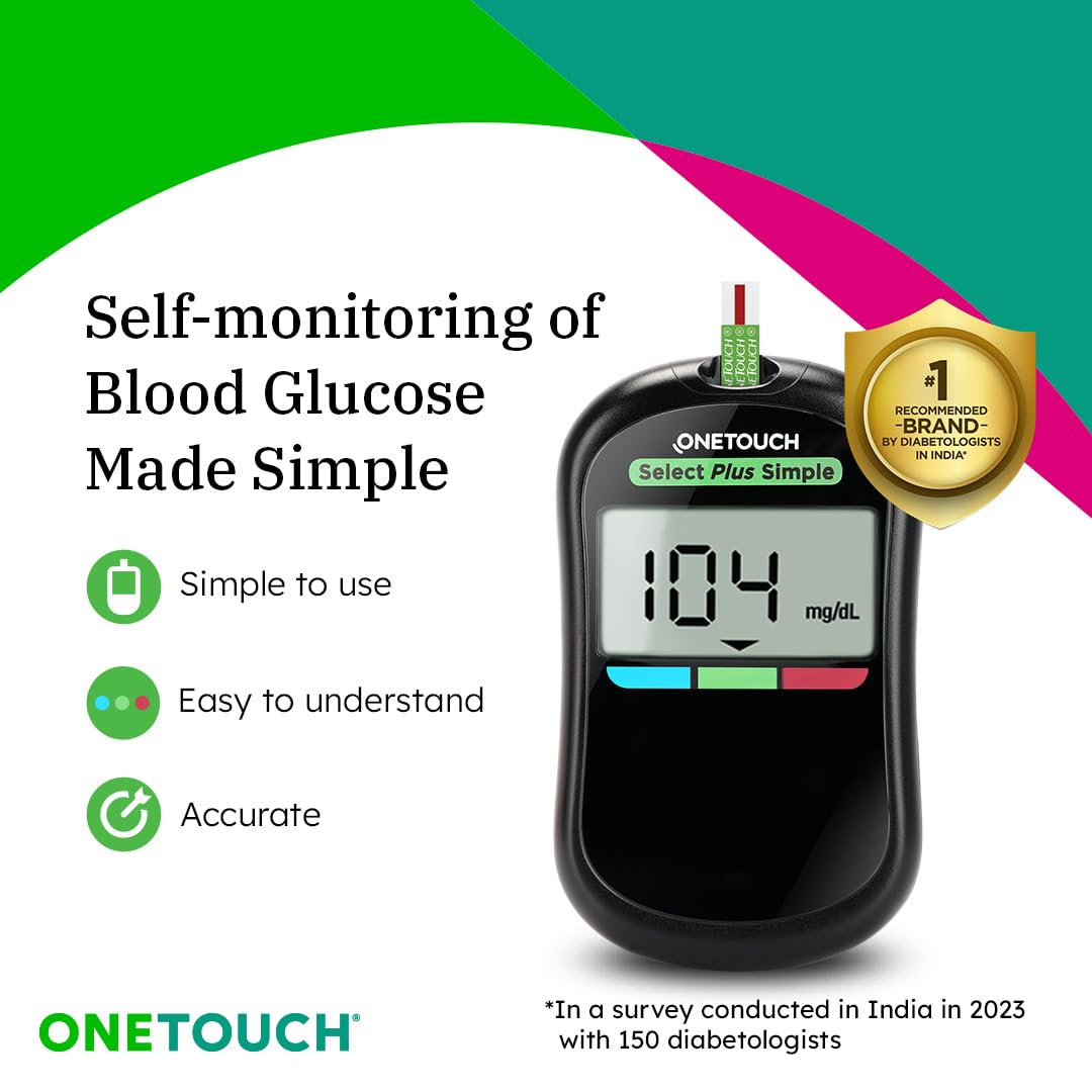 OneTouch Select Plus Simple glucometer machine | Simple & accurate testing of Blood sugar levels at home | Global Iconic Brand | FREE 10 Test Strips + 10 Sterile Lancets + 1 Lancing device