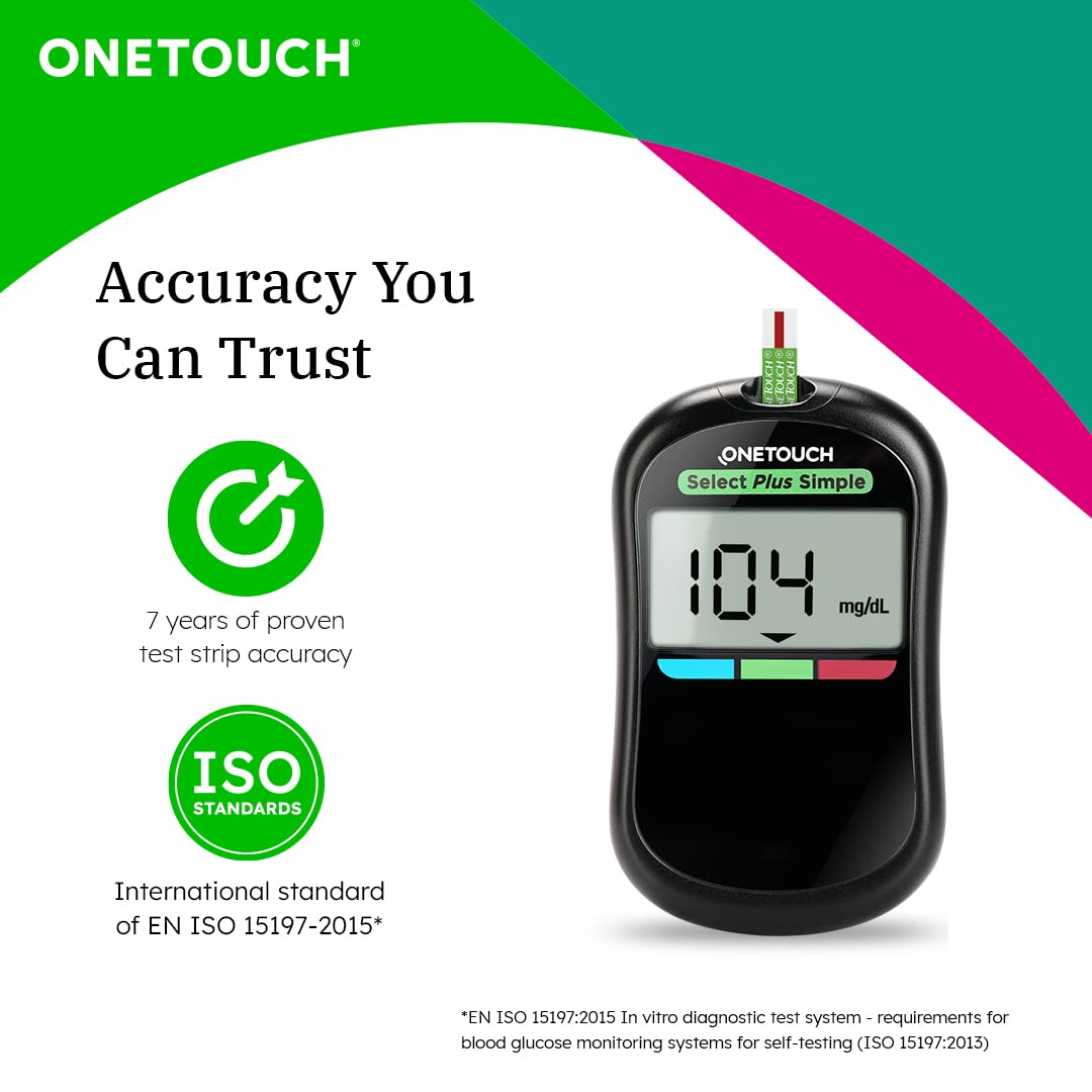 OneTouch Select Plus Simple glucometer machine | Simple & accurate testing of Blood sugar levels at home | Global Iconic Brand | FREE 10 Test Strips + 10 Sterile Lancets + 1 Lancing device