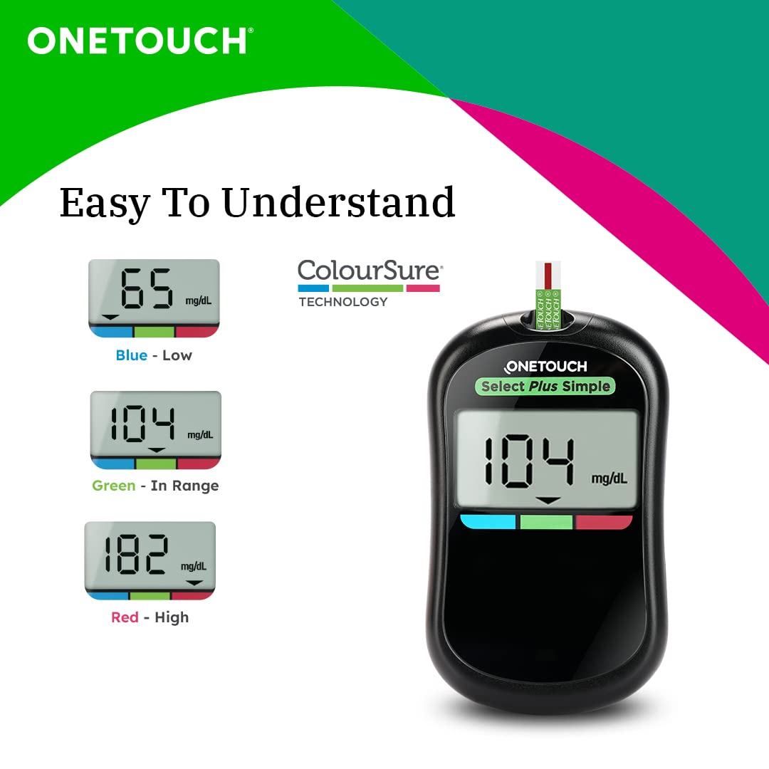 OneTouch Select Plus Simple glucometer machine | Simple & accurate testing of Blood sugar levels at home | Global Iconic Brand | FREE 10 Test Strips + 10 Sterile Lancets + 1 Lancing device