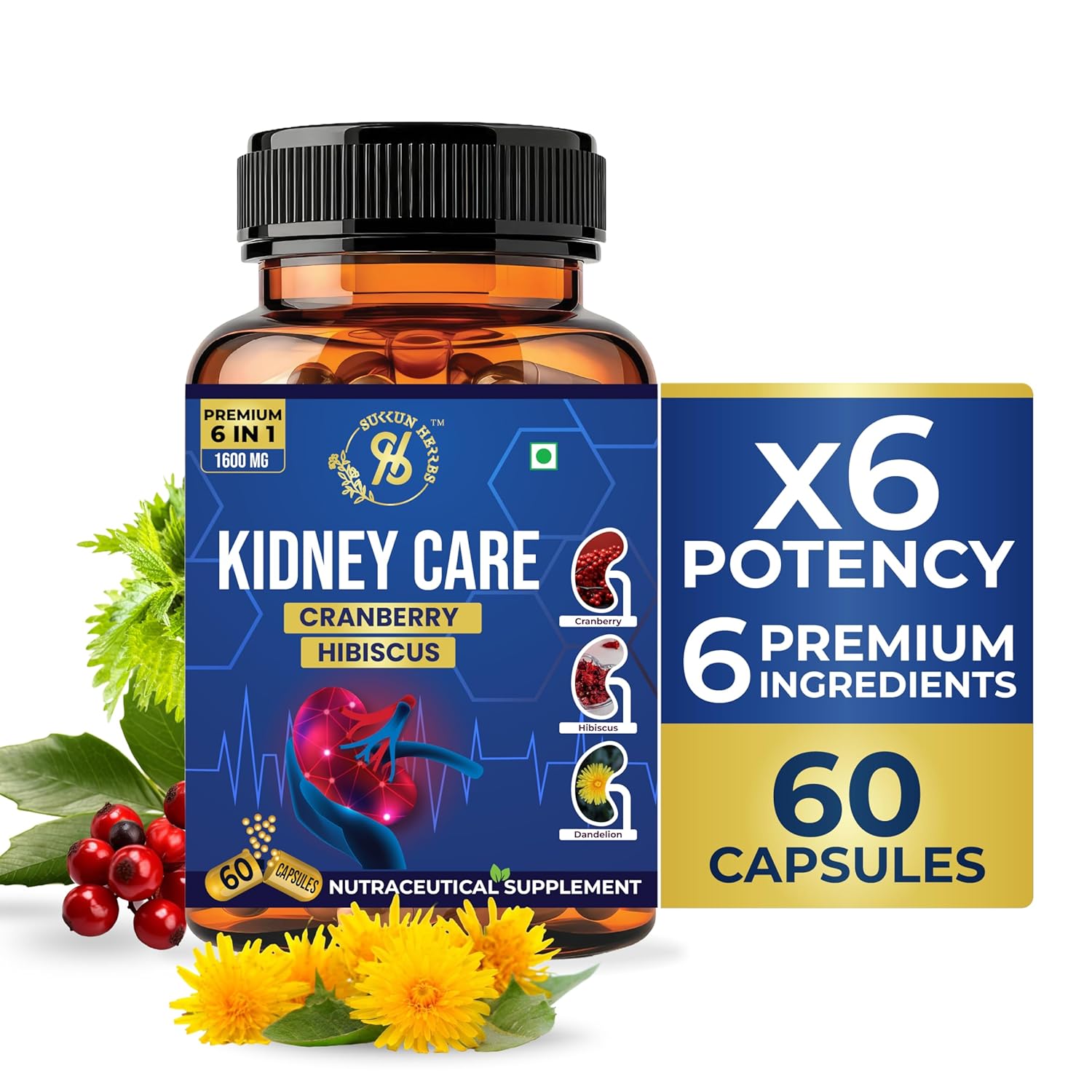 Sukkun Herbs Kidney Care Capsules - 800 Mg - 6 in 1 Formula Blend - Cranberry, Hibiscus, Dandelion Root, Nettle Leaf, Bhuiamalaki and D-Mannose - Supports Kidney Health, Urinary Tract Health, and Detoxification - Vegan and Gluten-Free - 60 Capsules