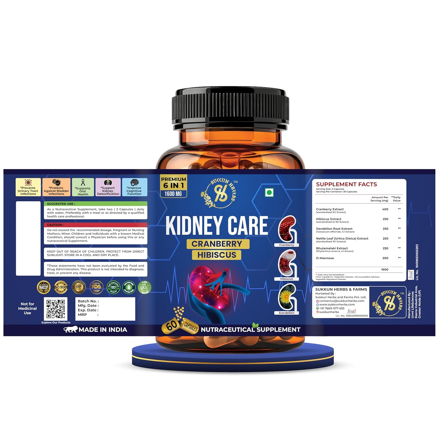 Sukkun Herbs Kidney Care Capsules - 800 Mg - 6 in 1 Formula Blend - Cranberry, Hibiscus, Dandelion Root, Nettle Leaf, Bhuiamalaki and D-Mannose - Supports Kidney Health, Urinary Tract Health, and Detoxification - Vegan and Gluten-Free - 60 Capsules