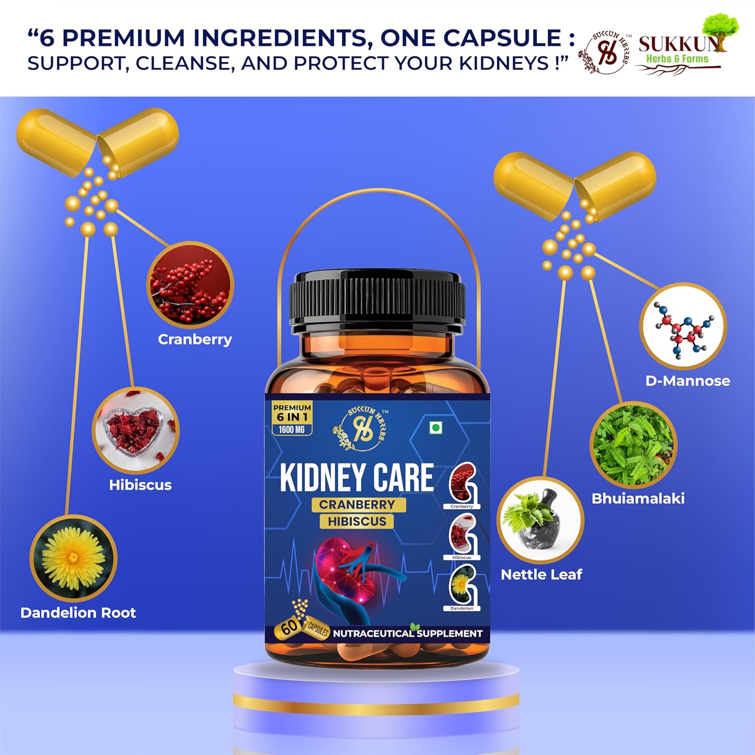 Sukkun Herbs Kidney Care Capsules - 800 Mg - 6 in 1 Formula Blend - Cranberry, Hibiscus, Dandelion Root, Nettle Leaf, Bhuiamalaki and D-Mannose - Supports Kidney Health, Urinary Tract Health, and Detoxification - Vegan and Gluten-Free - 60 Capsules