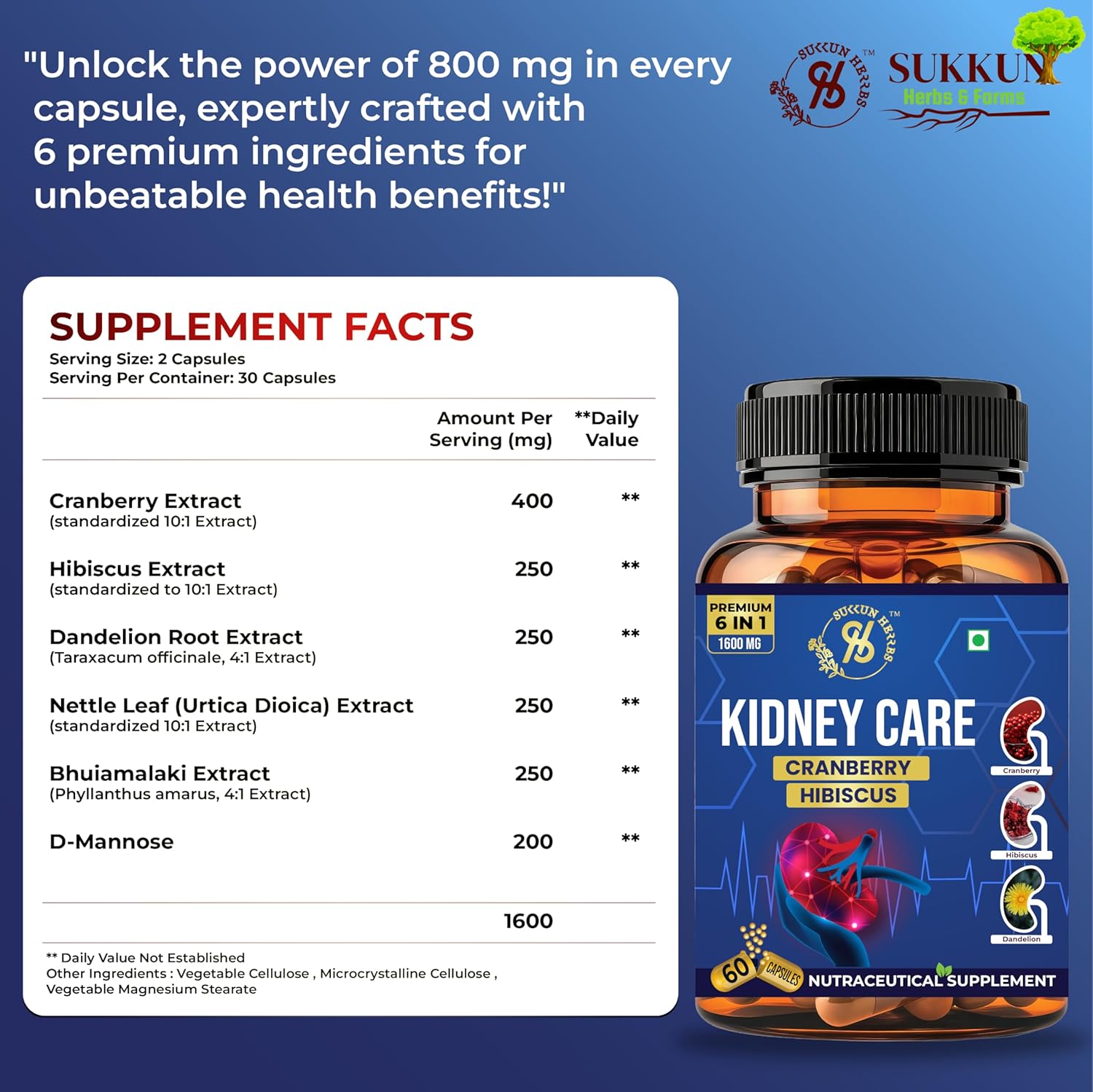 Sukkun Herbs Kidney Care Capsules - 800 Mg - 6 in 1 Formula Blend - Cranberry, Hibiscus, Dandelion Root, Nettle Leaf, Bhuiamalaki and D-Mannose - Supports Kidney Health, Urinary Tract Health, and Detoxification - Vegan and Gluten-Free - 60 Capsules