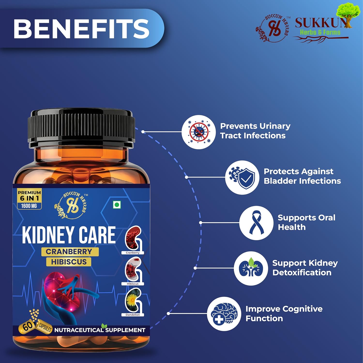 Sukkun Herbs Kidney Care Capsules - 800 Mg - 6 in 1 Formula Blend - Cranberry, Hibiscus, Dandelion Root, Nettle Leaf, Bhuiamalaki and D-Mannose - Supports Kidney Health, Urinary Tract Health, and Detoxification - Vegan and Gluten-Free - 60 Capsules