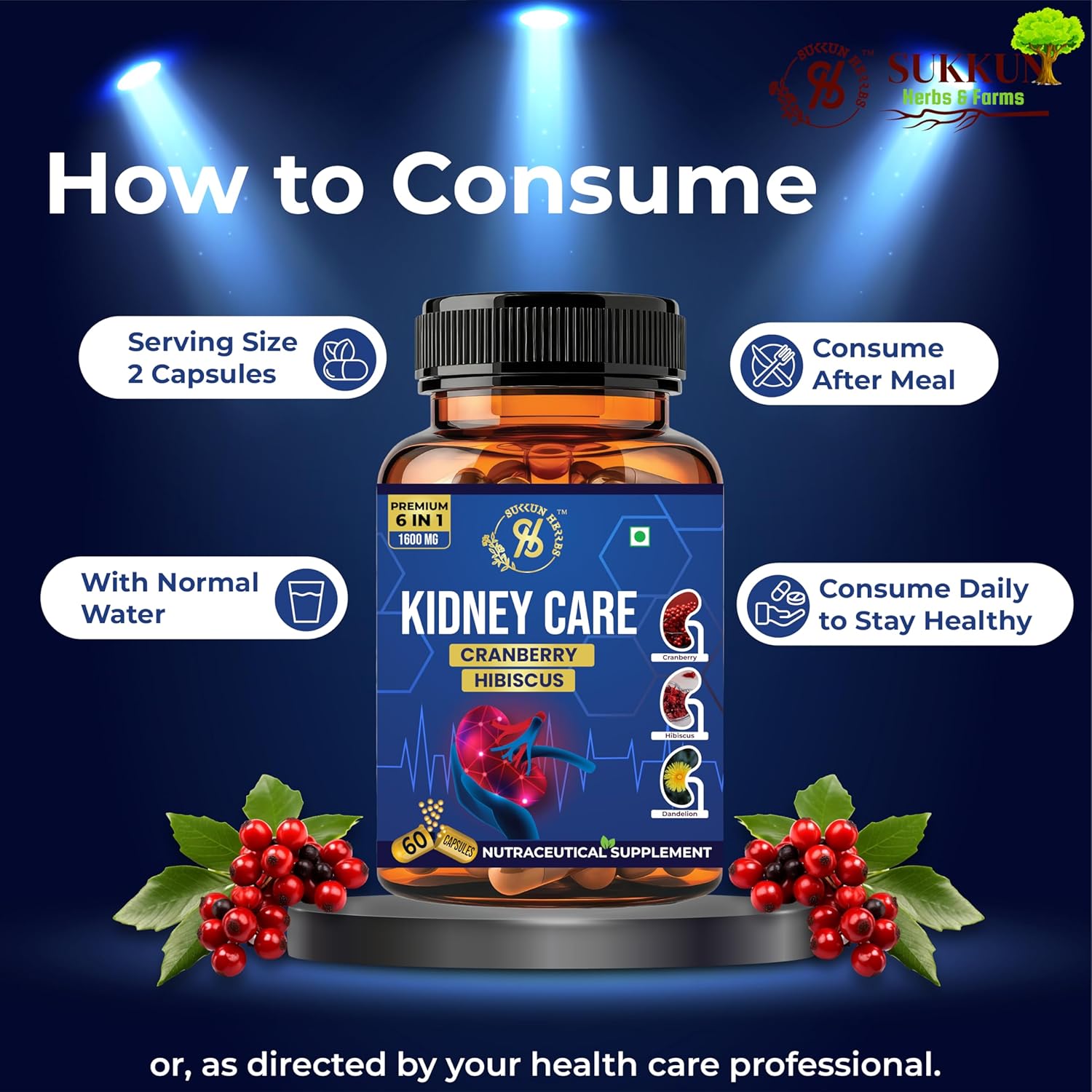 Sukkun Herbs Kidney Care Capsules - 800 Mg - 6 in 1 Formula Blend - Cranberry, Hibiscus, Dandelion Root, Nettle Leaf, Bhuiamalaki and D-Mannose - Supports Kidney Health, Urinary Tract Health, and Detoxification - Vegan and Gluten-Free - 60 Capsules