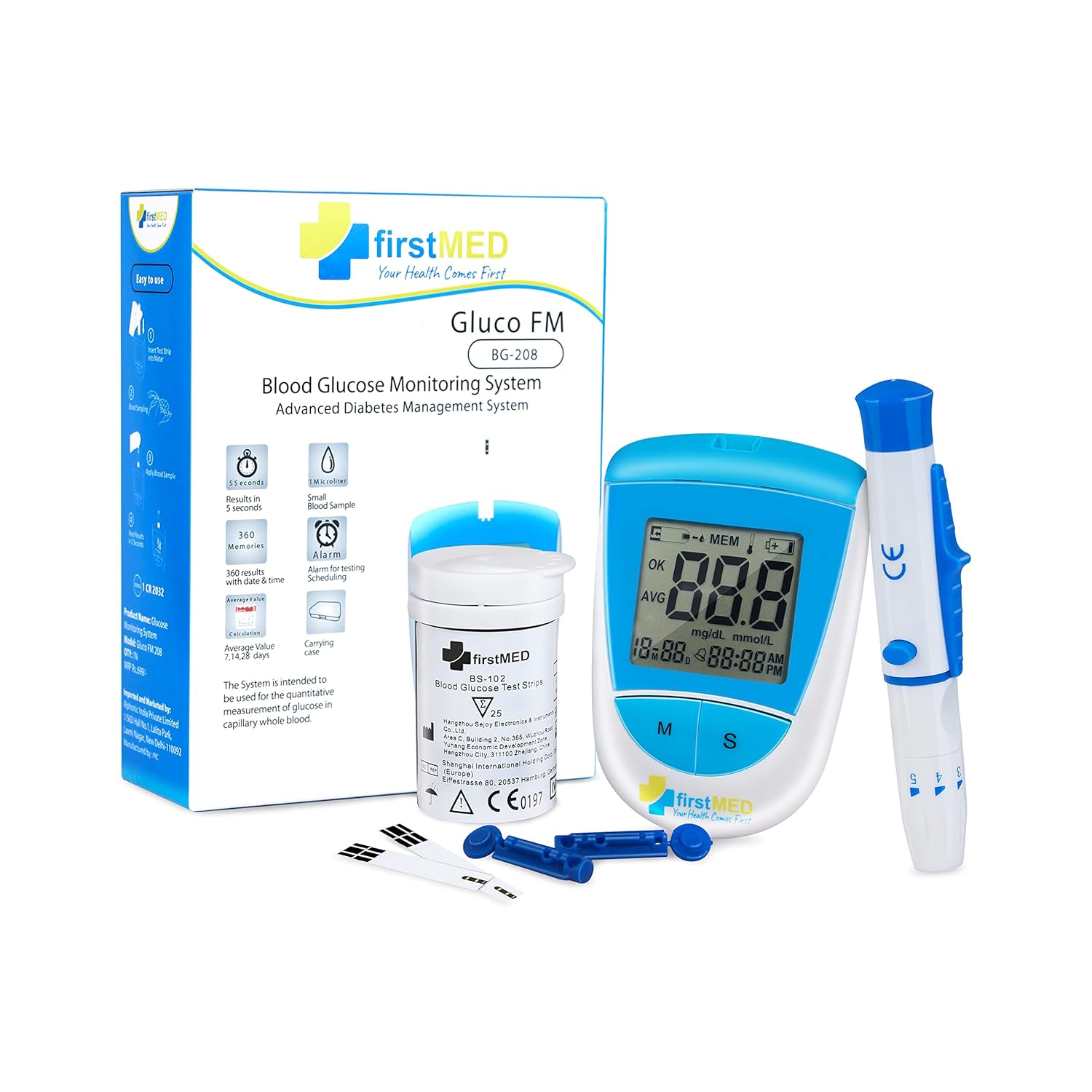 Firstmed BG-208 Glucometer with Test Strips - Accurate Blood Sugar Monitor (Blue & White) (BG-208 Glucometer with 50 strips)