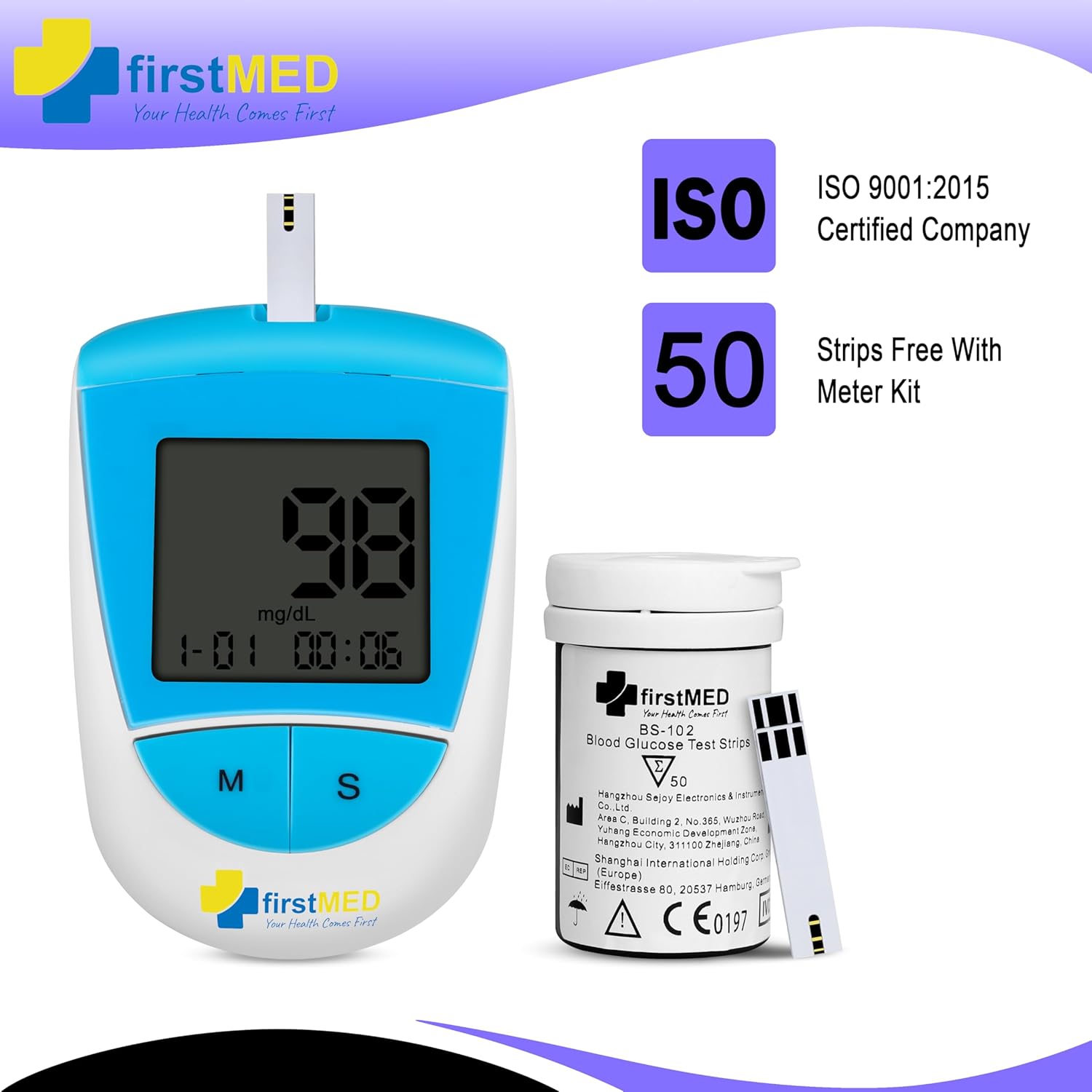 Firstmed BG-208 Glucometer with Test Strips - Accurate Blood Sugar Monitor (Blue & White) (BG-208 Glucometer with 50 strips)