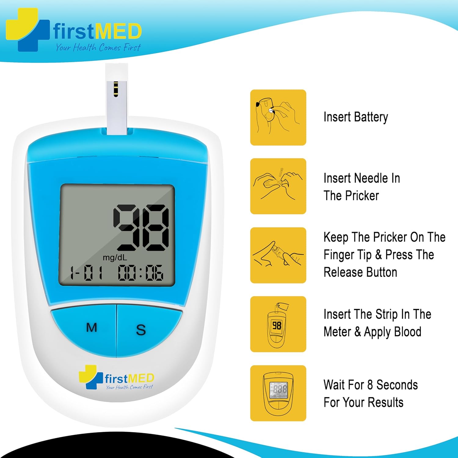 Firstmed BG-208 Glucometer with Test Strips - Accurate Blood Sugar Monitor (Blue & White) (BG-208 Glucometer with 50 strips)