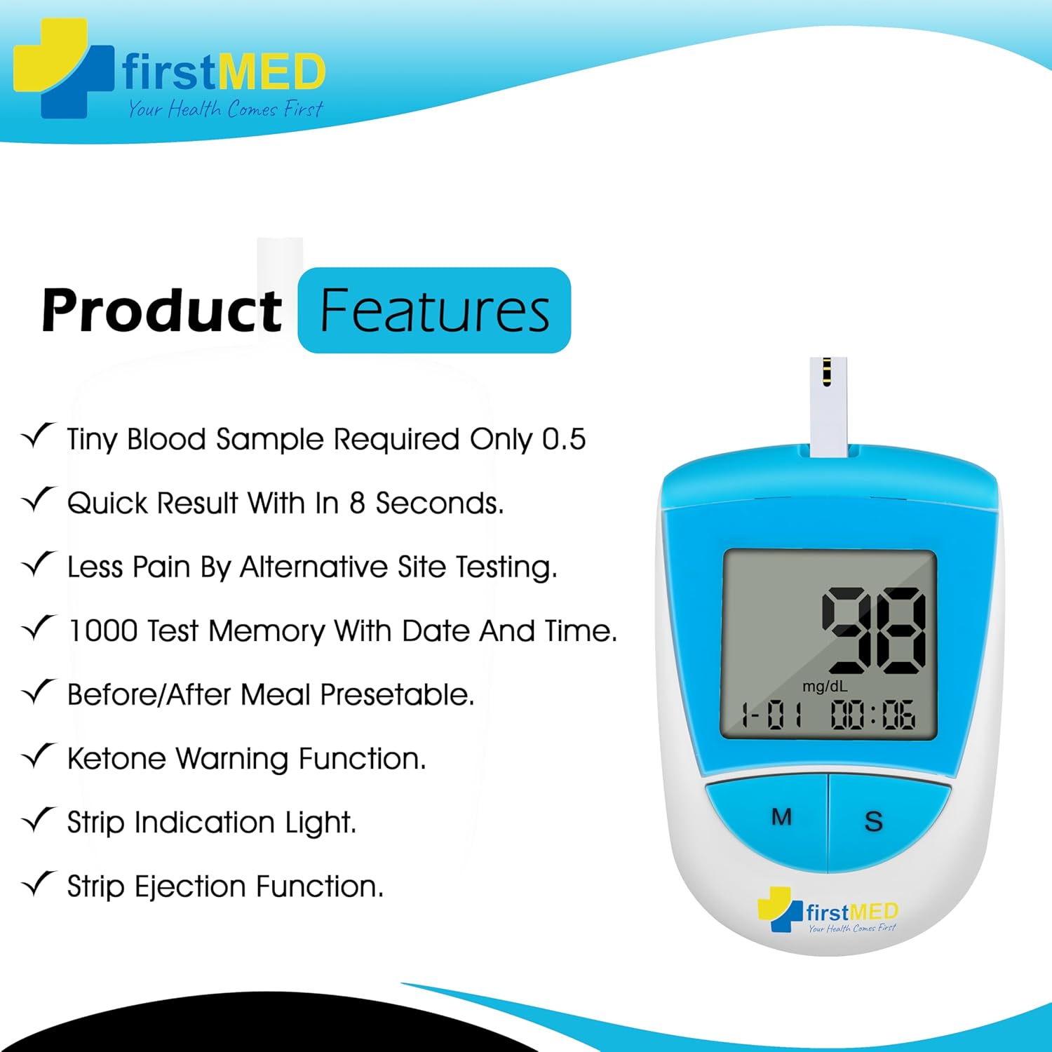 Firstmed BG-208 Glucometer with Test Strips - Accurate Blood Sugar Monitor (Blue & White) (BG-208 Glucometer with 50 strips)