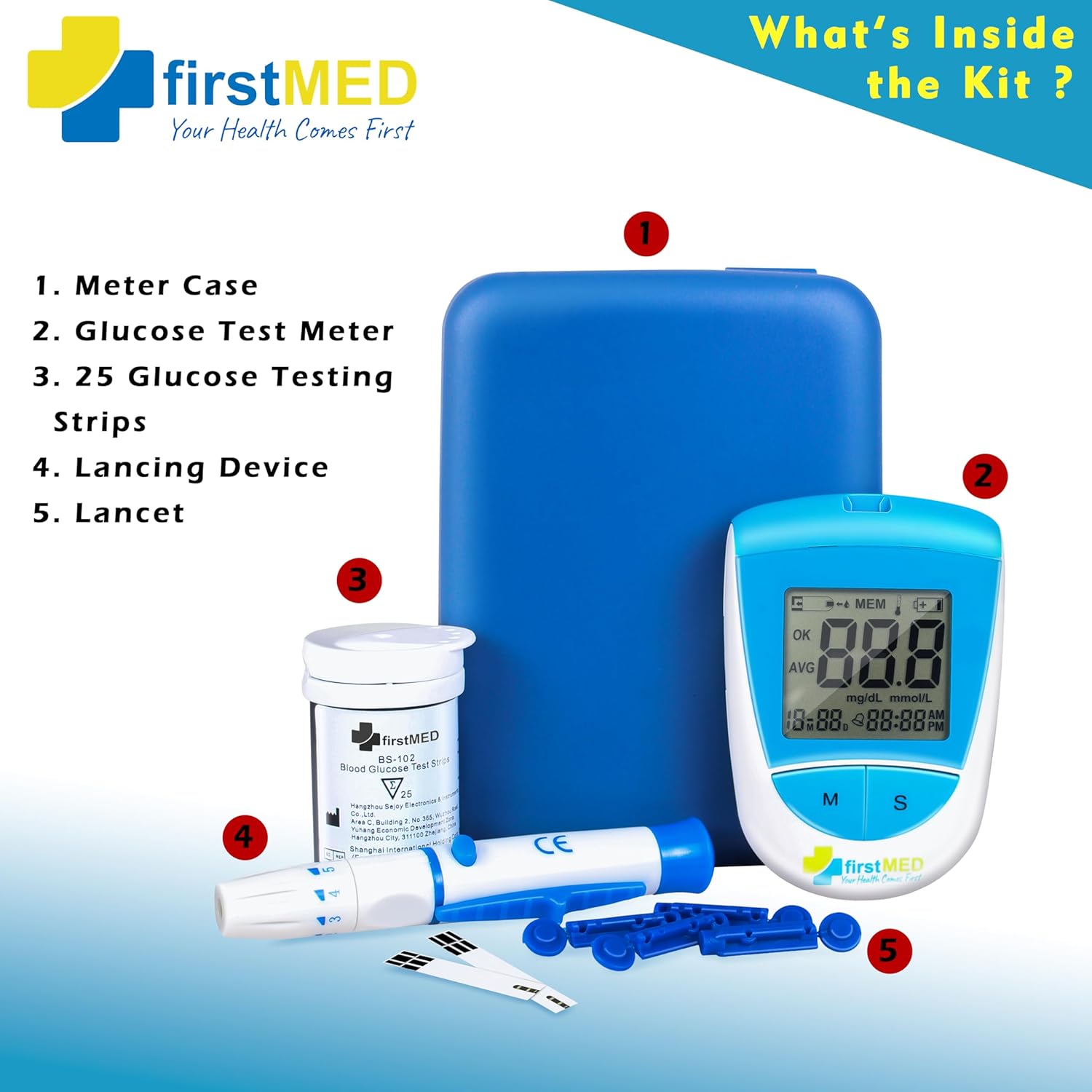 Firstmed BG-208 Glucometer with Test Strips - Accurate Blood Sugar Monitor (Blue & White) (BG-208 Glucometer with 50 strips)