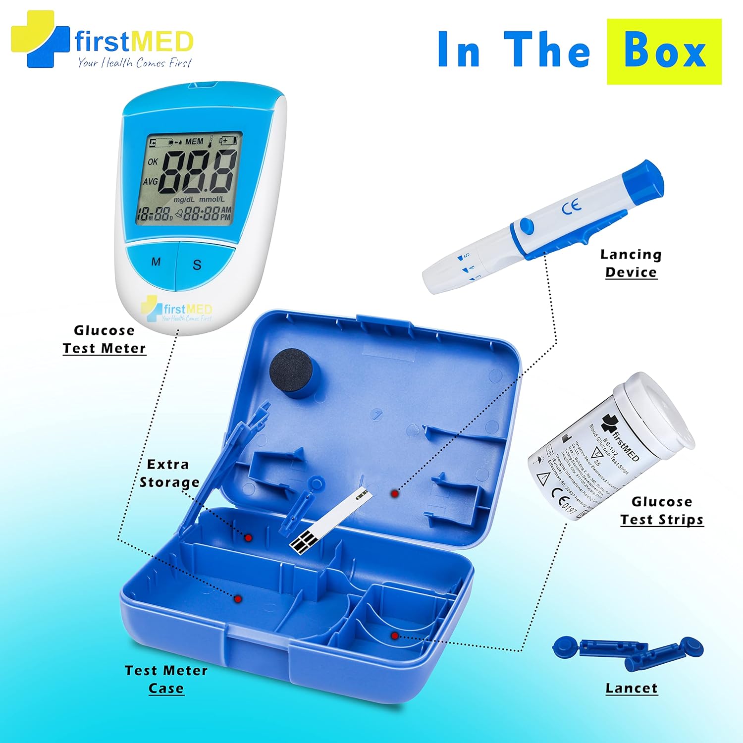 Firstmed BG-208 Glucometer with Test Strips - Accurate Blood Sugar Monitor (Blue & White) (BG-208 Glucometer with 50 strips)