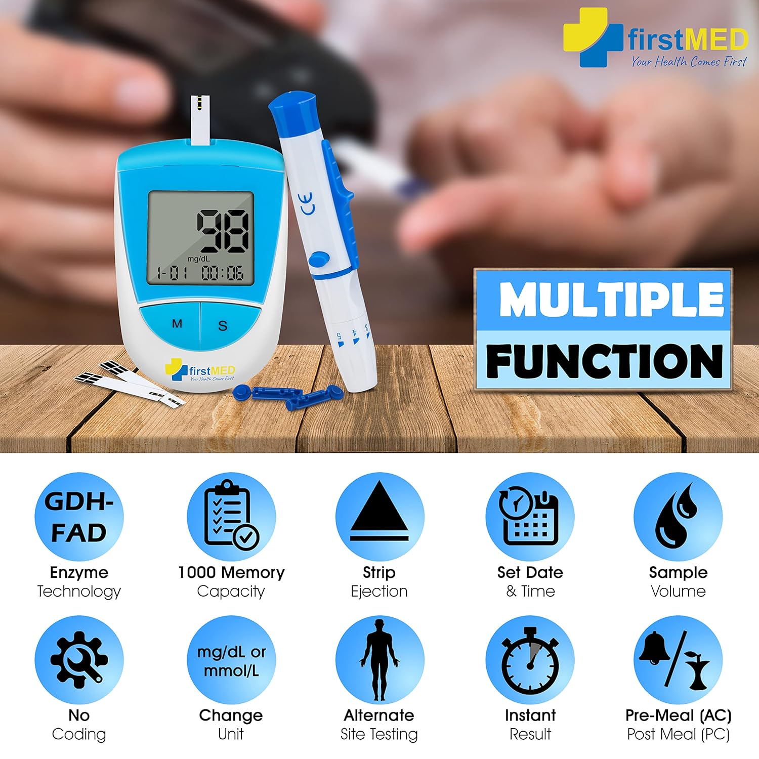 Firstmed BG-208 Glucometer with Test Strips - Accurate Blood Sugar Monitor (Blue & White) (BG-208 Glucometer with 50 strips)