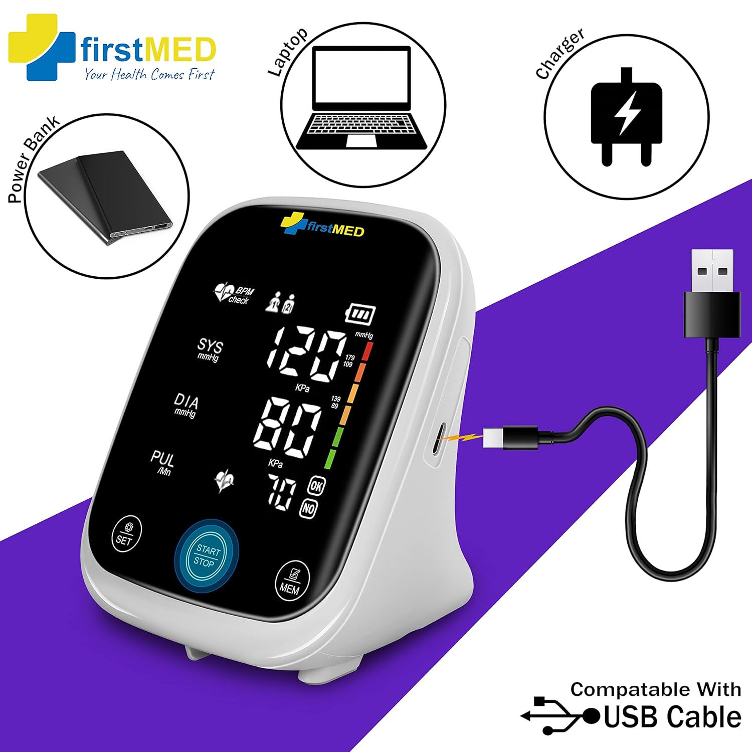 Firstmed FM-03 Automatic Digital Talking Blood Pressure Monitor - Free Thermometer, Accurate Readings, Type-C Charging (Black)