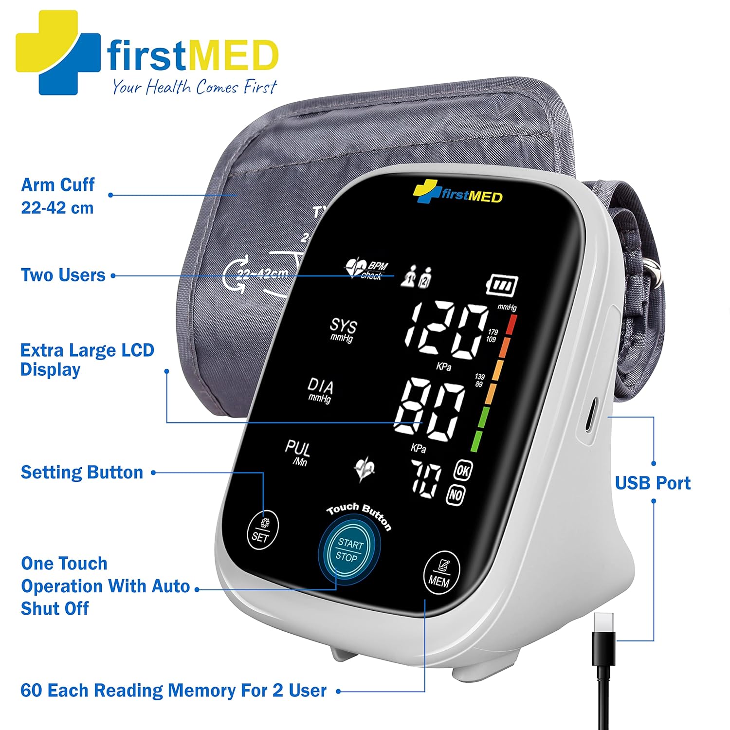 Firstmed FM-03 Automatic Digital Talking Blood Pressure Monitor - Free Thermometer, Accurate Readings, Type-C Charging (Black)