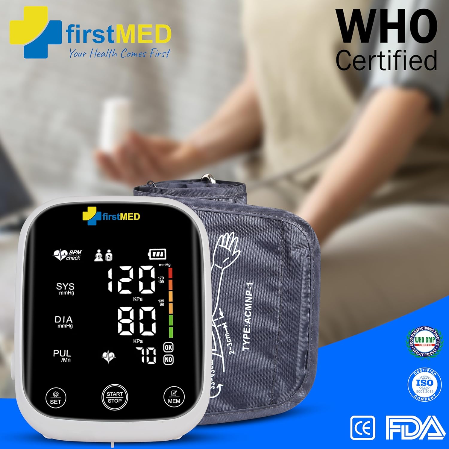 Firstmed FM-03 Automatic Digital Talking Blood Pressure Monitor - Free Thermometer, Accurate Readings, Type-C Charging (Black)